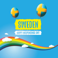sweden indepedence day celebration banner or poster with greeting text and balloons in sky with rainbow and clouds. vector swedish greeting card.