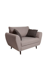 Modern small grey fabric sofa with pillows isolated on white background. Strict style furniture
