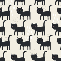 Happy cats, hand drawn backdrop. Black and white seamless pattern with animals. Decorative cute wallpaper, good for printing. Overlapping background vector. Design illustration