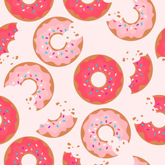 Fototapeta na wymiar Seamless pattern with hand drawn donuts. Vector illustration, confectionery. Colorful overlapping background with food. Decorative colored wallpaper, good for printing for cafe