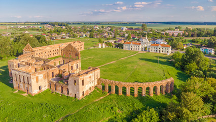 Old destructed palace in Ruzhany, Belarus. Brest region. Drone aerial photo