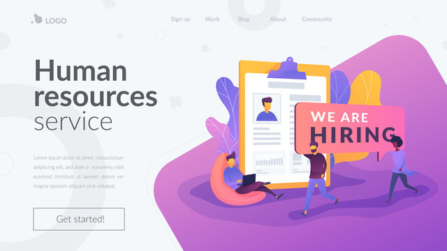 Recruitment agency, human resources service, recruitment network concept. Website interface UI template. Landing web page with infographic concept creative hero header image.