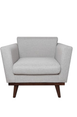 Modern bright grey fabric armchair with wooden legs isolated on white background. Strict style furniture