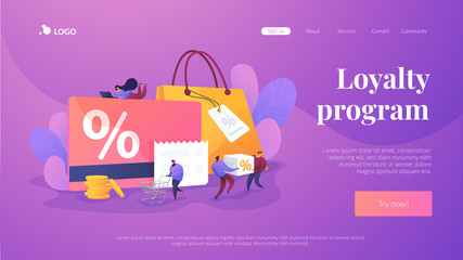 Discount and loyalty card, loyalty program and customer service, rewards card points concept. Website homepage header landing web page template.