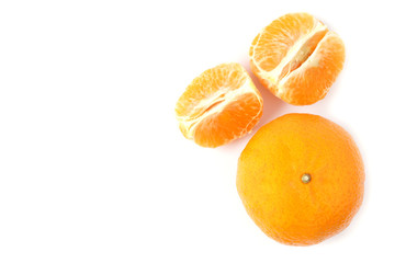 Top view fresh mandarin orange and peeled fruit isolated on white background