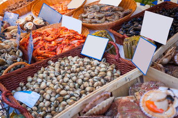 Fresh seafood arrangement displayed in market, healthy life