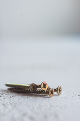metal screws on the tree close-up on a blurred background. bolts close-up on the table. copy space. vertical