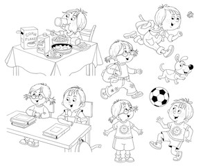 Obraz na płótnie Canvas Cute little boy's day. Schedule. Coloring book. Coloring page. Cute and funny cartoon characters. Illustration for children