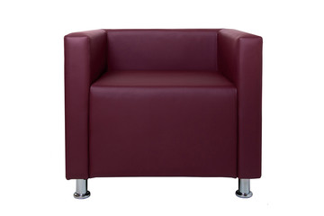 Modern red leather armchair with chromium plated legs isolated on white background. Strict style furniture