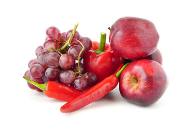 Healthy Food set red fruits and vegetables apple, pepper, grape,sweet pepper Benefits of antioxidants isolated on white background