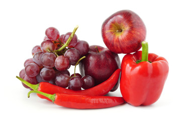 Healthy Food set red fruits and vegetables apple, pepper, grape,sweet pepper Benefits of antioxidants isolated on white background