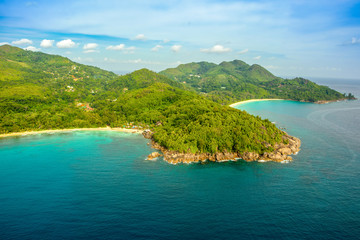 Aerial view of the tropical Mahe Island and beautiful lagoons