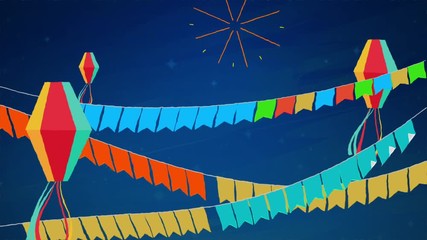 Fundo festa Junina, cores, fogos de artifício, balões, fundo azul