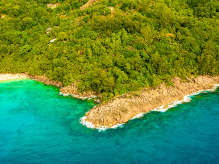 Aerial view of the tropical Mahe Island and beautiful lagoons