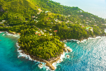 Aerial view of the tropical Mahe Island and beautiful lagoons