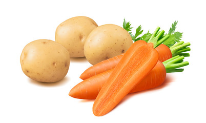 Potatoes and carrots isolated on white background. Package design element with clipping path