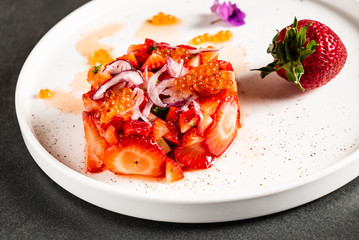 strawberry tartare with avocado and caviar