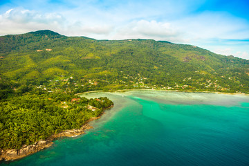 Aerial view of the tropical Mahe Island and beautiful lagoons