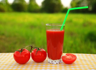 A glass of tomato juice with a straw, tomatoes on a yellow-and-white checkered tablecloth, blurred green natural background 