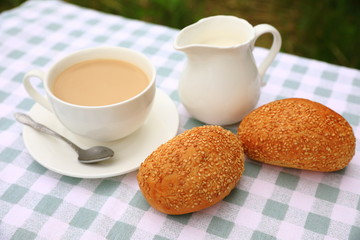 Breakfast composition of a cup of tea with cream, a creamer and seasame rolls on a green-and-white checkered tablecloth, blurred green natural background