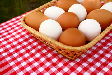 A basket of white and brown eggs on a red-and-white checkd tablecloth, diagonal, blurred green natural background