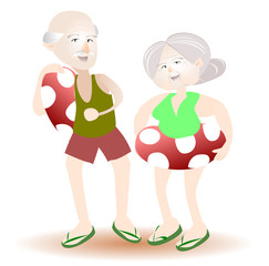 Elderly couple in swimsuits. Flat cute cartoon character on white isolated background. Illustration of people face smiling and laughing.Activities for seniors.Life to be happy.
