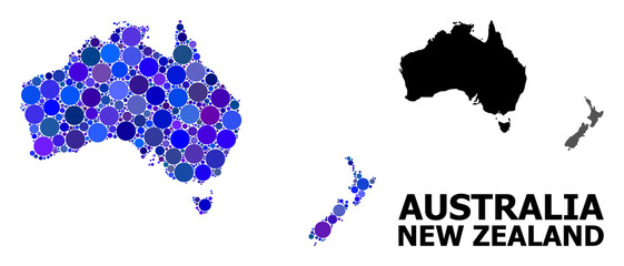 Blue Round Dot Mosaic Map of Australia and New Zealand