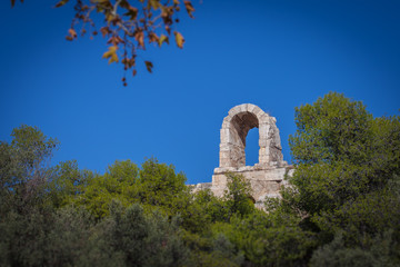 Tilt shift effect of trees at the base of the Acropolis of Athens