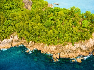 Aerial view of the tropical Mahe Island and beautiful lagoons