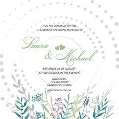 Wedding invitation. Card, template for the invitation. Delicate background of dot and flowers. Leaves, twigs, herbs.