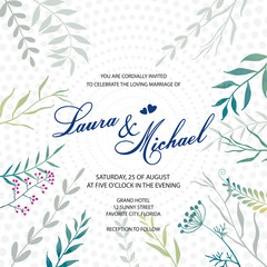 Obraz premium Wedding invitation. Card, template for the invitation. Delicate background of dot and flowers. Leaves, twigs, herbs.