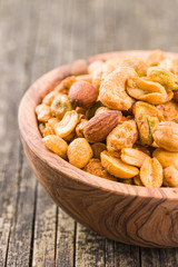 Spicy flavoured nuts. Mix of nuts.