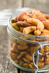 Spicy flavoured nuts. Mix of nuts.