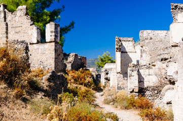 Ruins at the former Greek village of Kayakoy in Turkey, abandoned 1922, now a museum and also known as the Ghost Town.