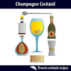 Champagne cocktail. Infographic set of isolated elements on white background. Paper cut