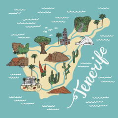 Drawing illustrated Tenerife detailed map with places, sights and landmarks. Tenerife cartoon touristic map.