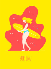 Cute girl in a swimsuit with a surfboard walks on the beach. Vector card in flat linear style.