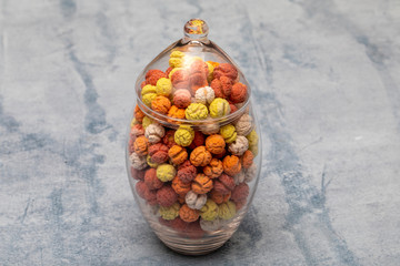 Almond candies.Colorful candies background top view, almond sweets. Sugar Feast, (Feast of Ramadan) Ramadan concepts.