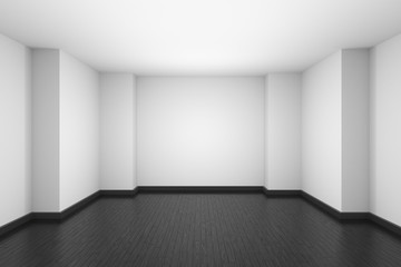 Empty white room with black hardwood parquet floor