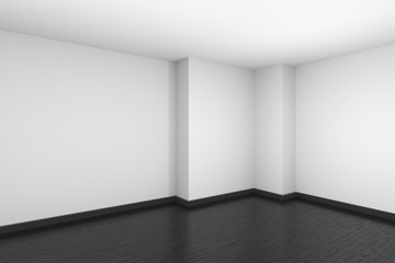 White empty room with black hardwood parquet floor.