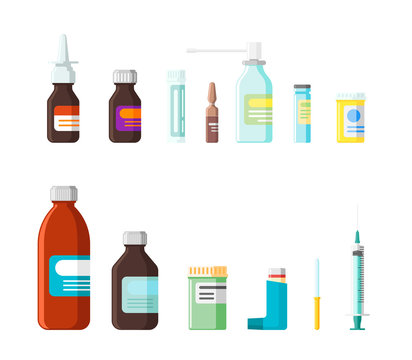 Pharmacy medication products set. Medicine packaging bottles with labels and pills, drugs, tablets, capsules vitamins and spray, pipette and syringe. Pharmaceuticals flat vector illustration