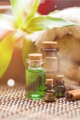 Spa Bottles and Wellness Setting on wooden desk