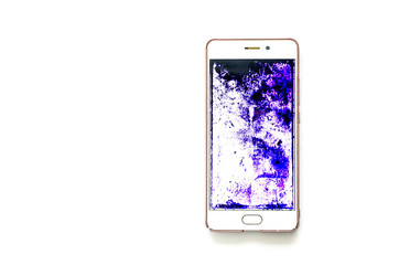 phone with a broken screen. dark spots of purple, blue and black over the entire surface