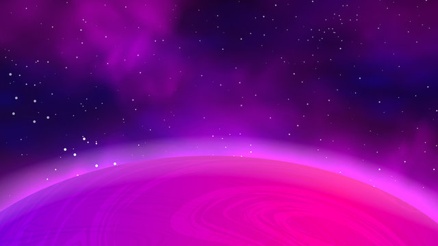 Big pink planet. Starry space vector illustration.