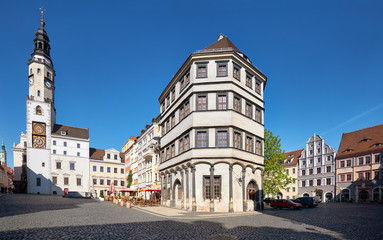 Fototapeta na wymiar Goerlitz, Germany, historical houses and church on main square