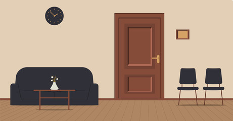 Office corridor on a cream background: waiting area for visitors with chairs,sofa and wooden boards on the floor.The door to the cabinet with a sign on the wall, navy wall clock.Vector illustration