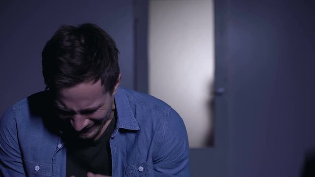 Deplorable male crying in room, female child comforting father, family support