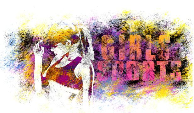 Girl sport art. Fitness motivation. Sport graphic style. Girls sports illustration. Fashion stylish print. Template apparel, card, label, poster. emblem, t-shirt stamp. Handwritten banner or logo.
