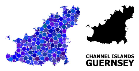 Obraz premium Blue Circle Mosaic Map of Guernsey Island