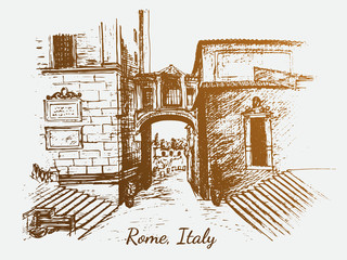 Drawing vintage postcard with italian ancient architecture. Rome city travel place. Vintage hand drawn sketch of Capitolium.